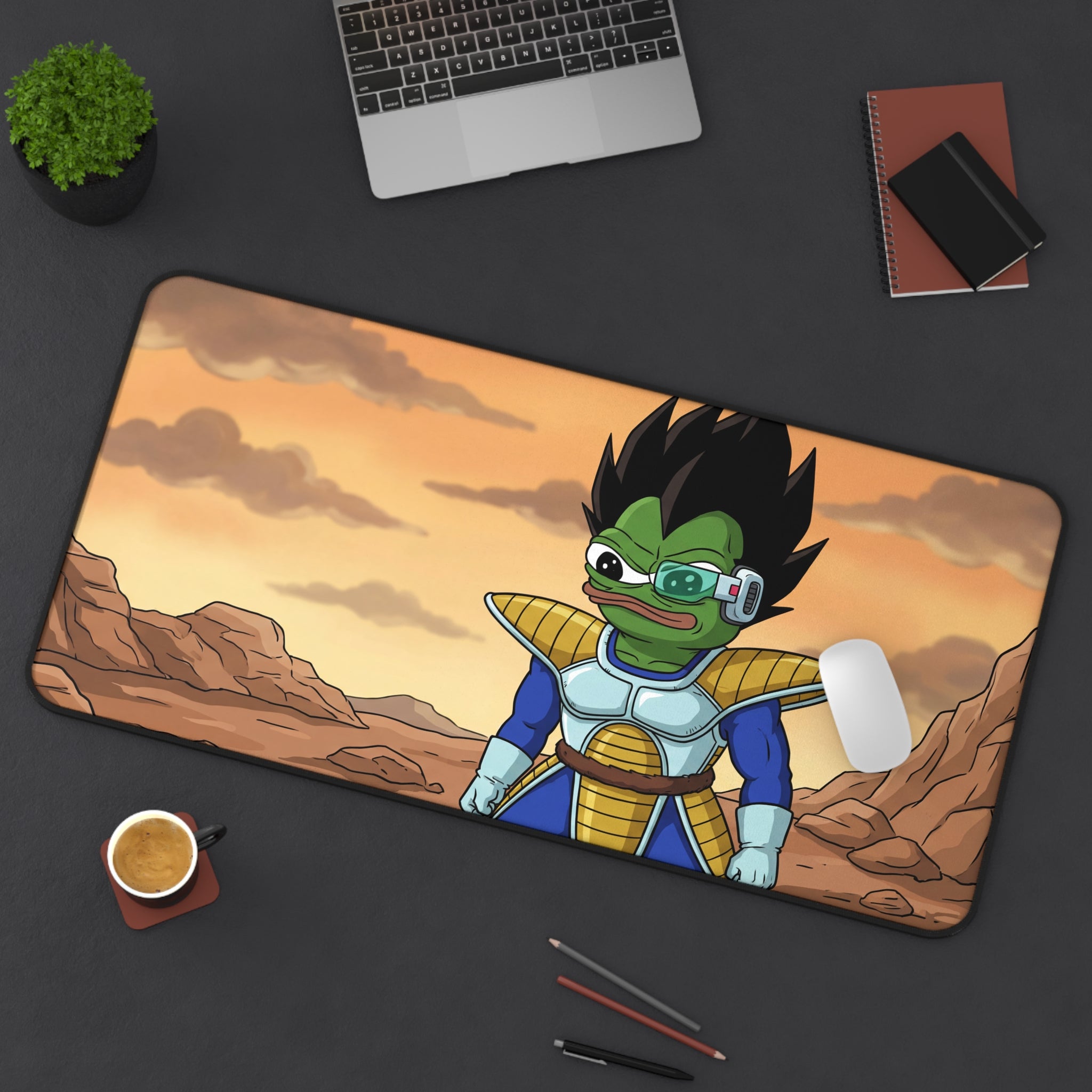 Alien Warrior Pepe Desk Mat | Gaming Mouse Pad, Cartoon Scouter Character | Pepegeta